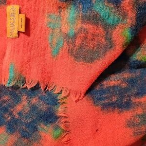Large Scarf Gorgeous Vibrant Orange Blue Green Floral Finely Woven Wool Scarf